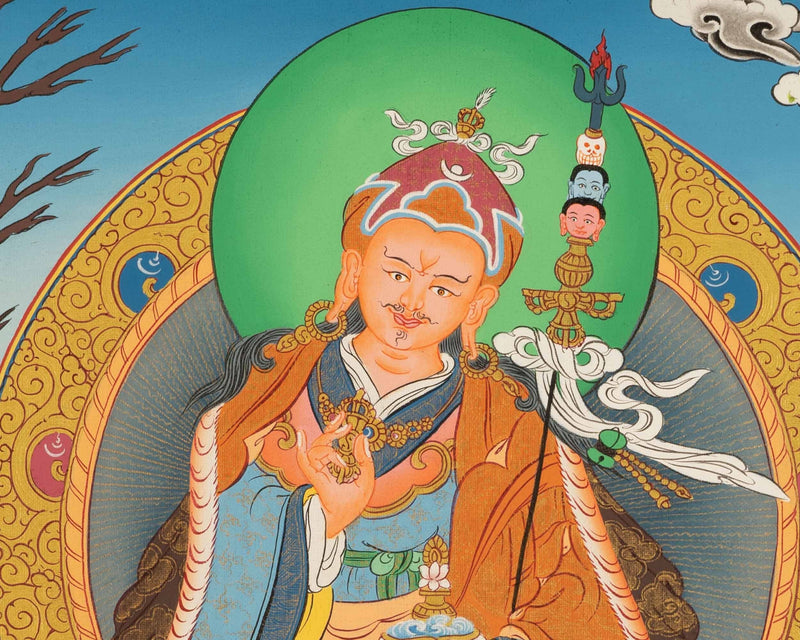 Guru Rinpoche Thangka Painting With Brocade | Tibetan Buddhist Wall Hanging Art