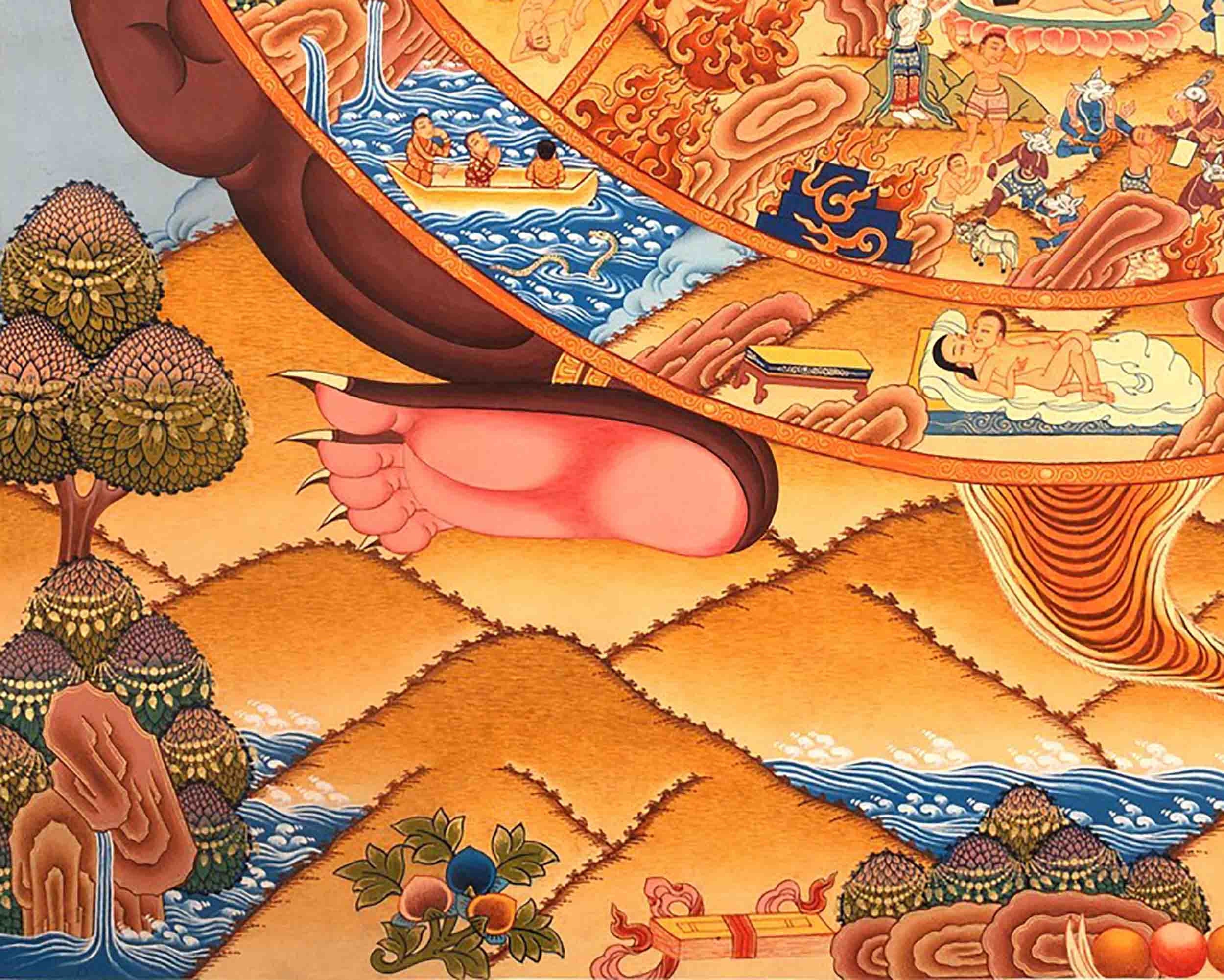 Genuine Hand Painted Tibetan Wheel Of Life Bhavachakra | Traditional Hand Painted Thangka for Yoga And Meditation