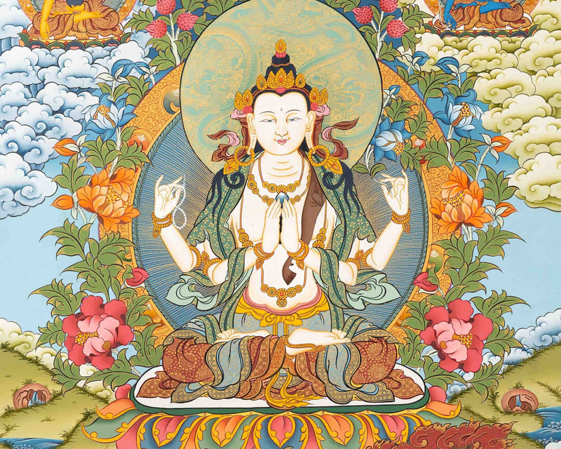 4 Armed Chengrezig Thangka Thangka Art | Bodhisattva Guanyin Chenrezig Painting