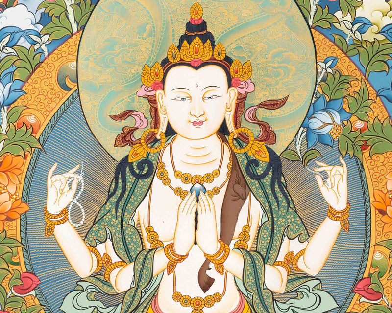 4 Armed Chengrezig Thangka Thangka Art | Bodhisattva Guanyin Chenrezig Painting