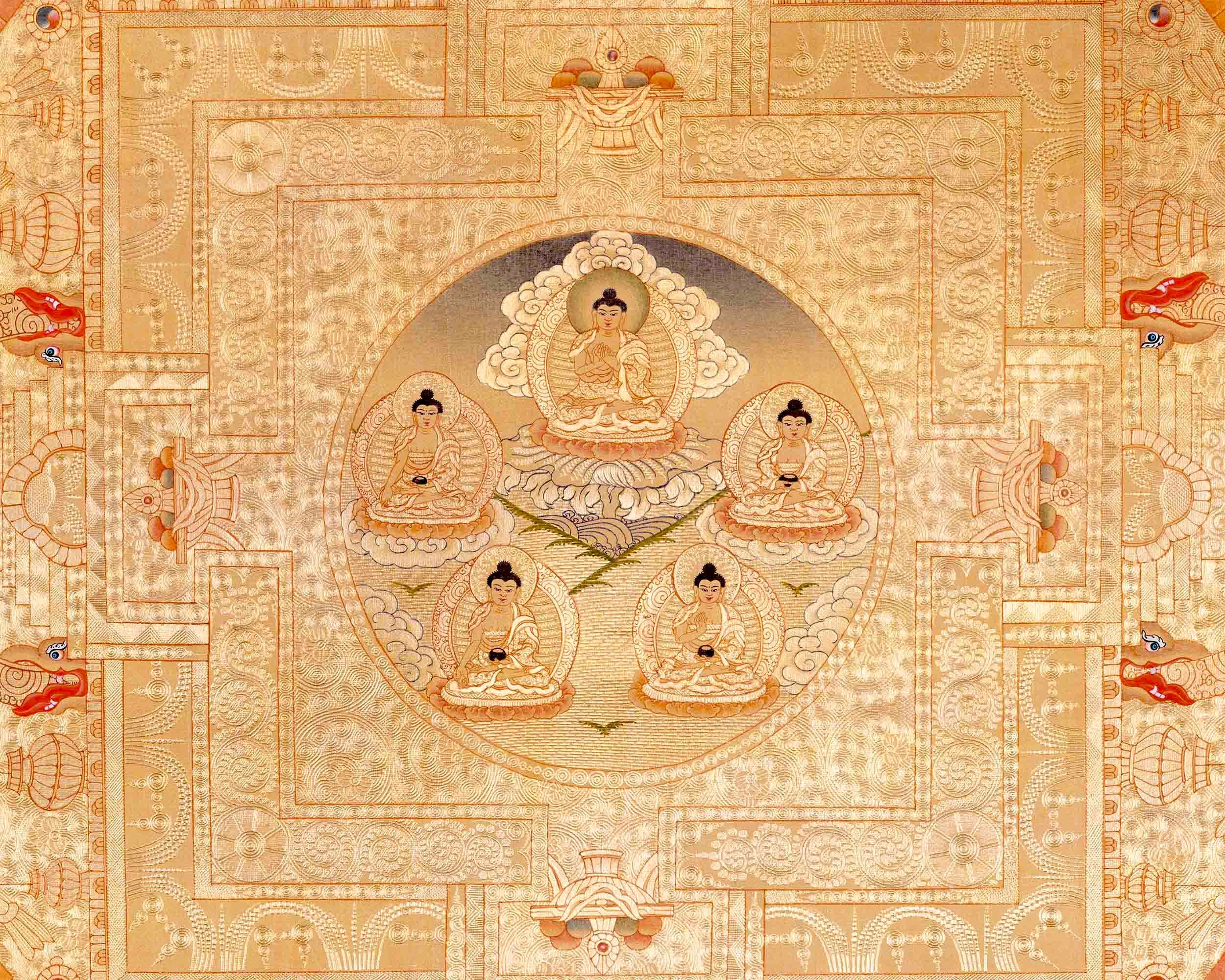 Shakyamuni Buddha And 5 Dhyani Buddha Mandala Thangka | Wall Hanging Yoga Meditation Canvas Art | Fine Quality All Gold Style Painting