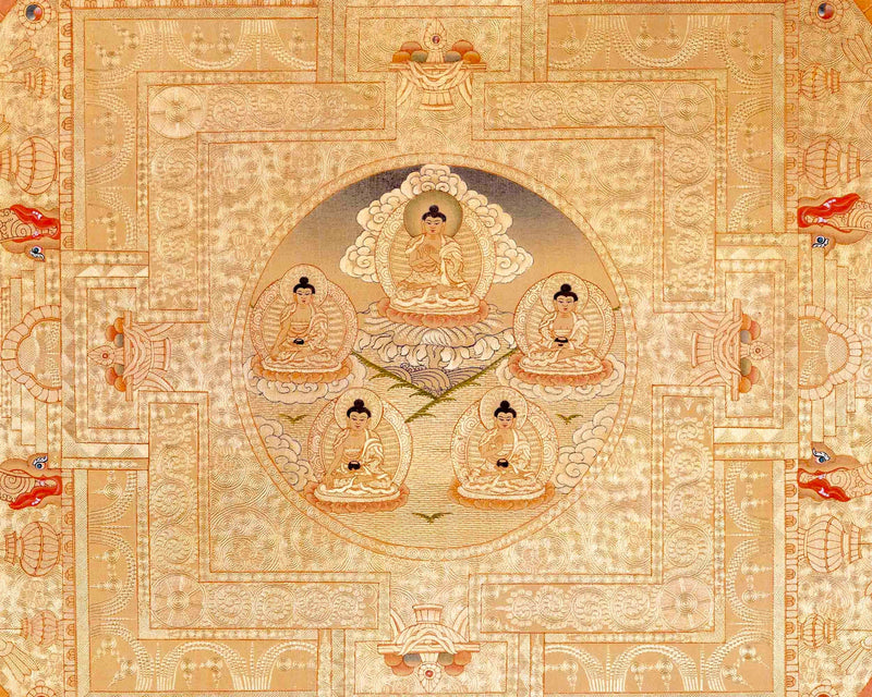 Shakyamuni Buddha And 5 Dhyani Buddha Mandala Thangka | Wall Hanging Yoga Meditation Canvas Art | Fine Quality All Gold Style Painting