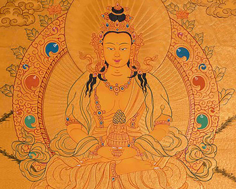 24k Gold Style Original Tibetan Buddhist Painting Of Shakyamuni Buddha, Amitayus Buddha, and Green Tara Thangka | Yoga Meditation Canvas Art