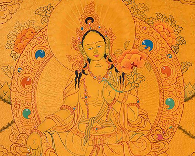 24k Gold Style Original Tibetan Buddhist Painting Of Shakyamuni Buddha, Amitayus Buddha, and Green Tara Thangka | Yoga Meditation Canvas Art