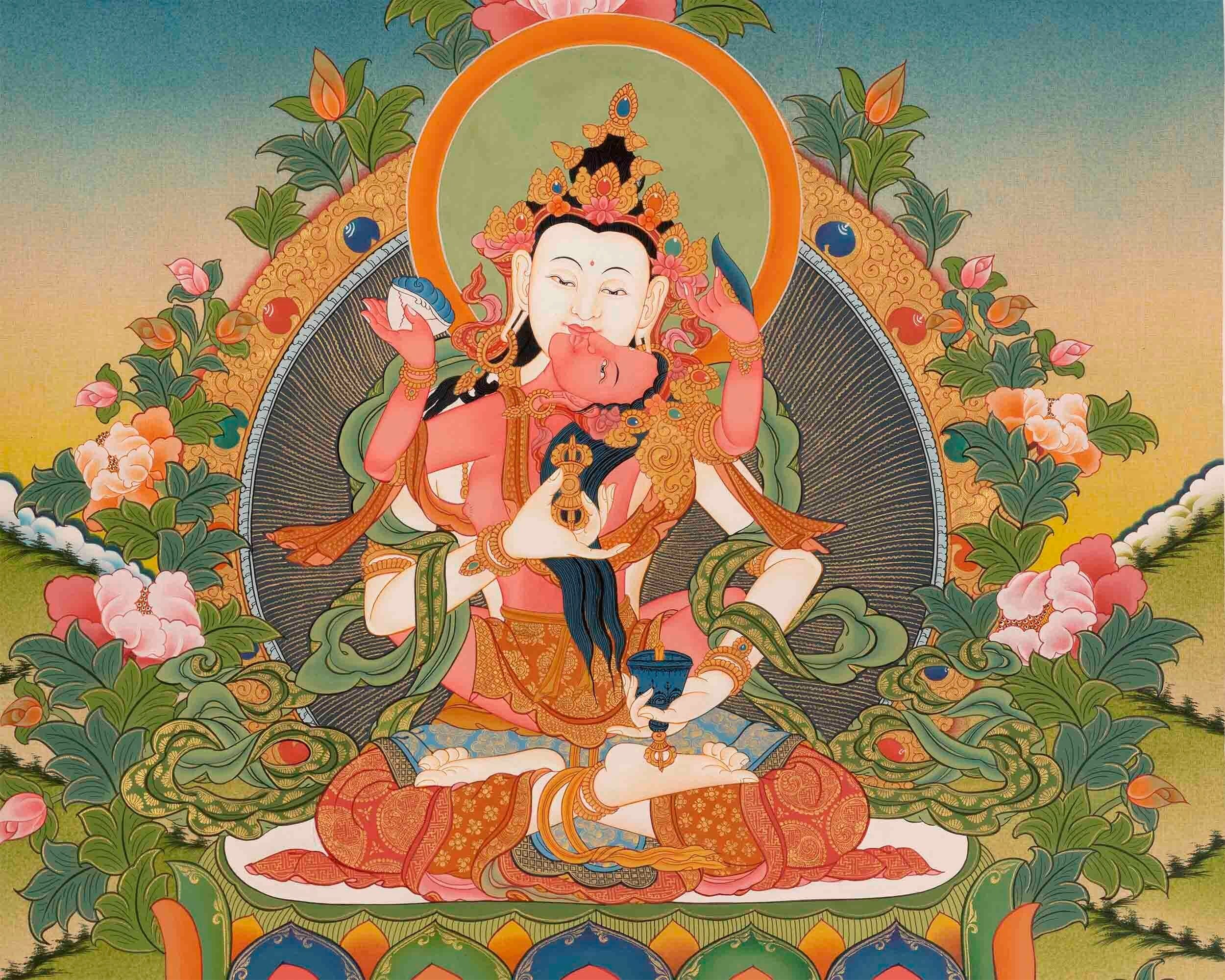 Vajrasattva Shakti HandPainted Buddhist Thangka | High Quality Art on Cotton Canvas