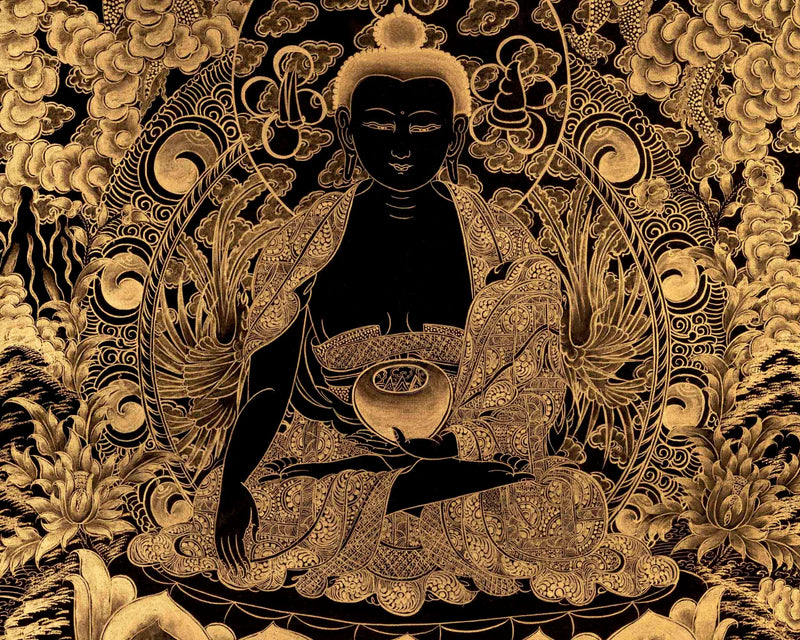 Black and Gold Shakyamuni Buddha & Bodhisattvas Thangka | Wall Decor Gifts