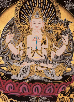 Amitabha Buddha, Dzambala, and Chengrezig Thangka | Original Hand-Painted Red Buddha |  Art Painting For Meditation | Tibetan Thangka