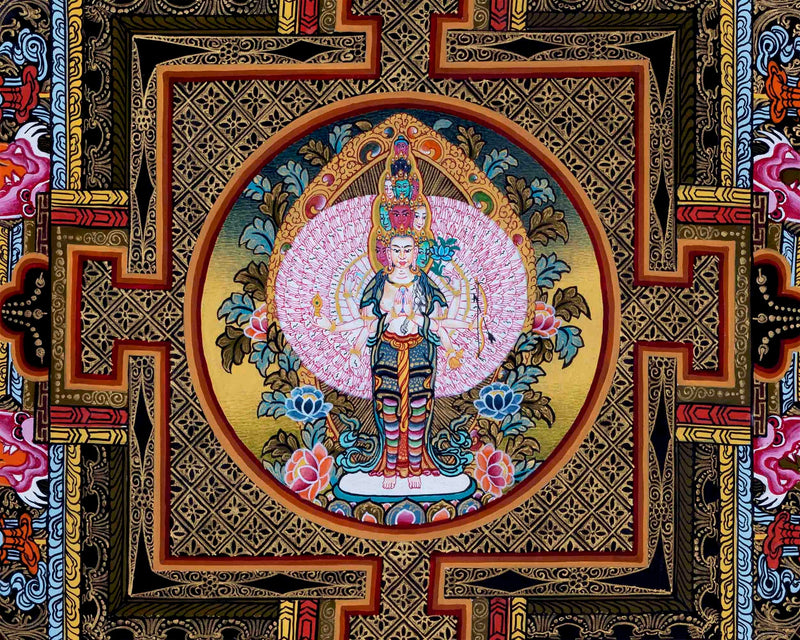 Original Hand-Painted Lokeshvara and White Tara Mandala Thangka | Tibetan Wall Hanging