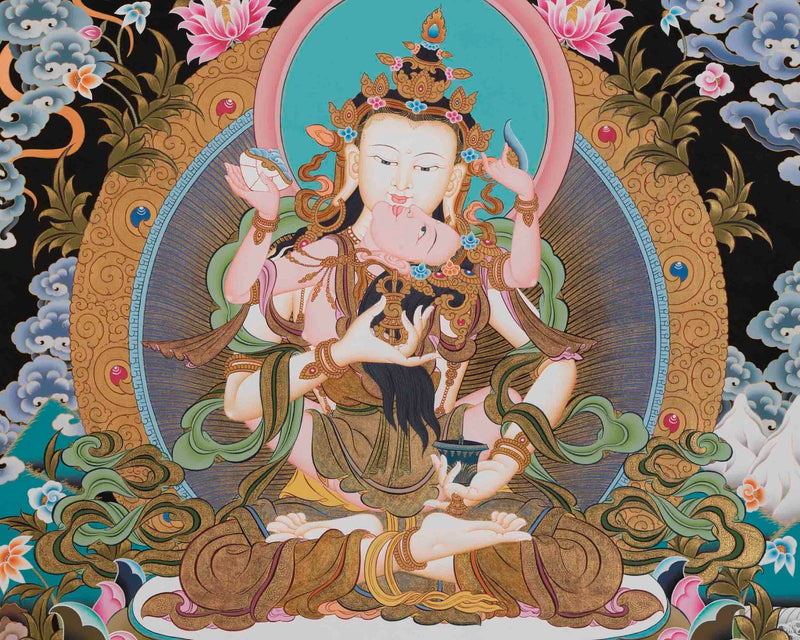 Vajrasattva Shakti Thangka | Tibetan Dorje Sempa Yab Yum 24K Gold Painting Figure