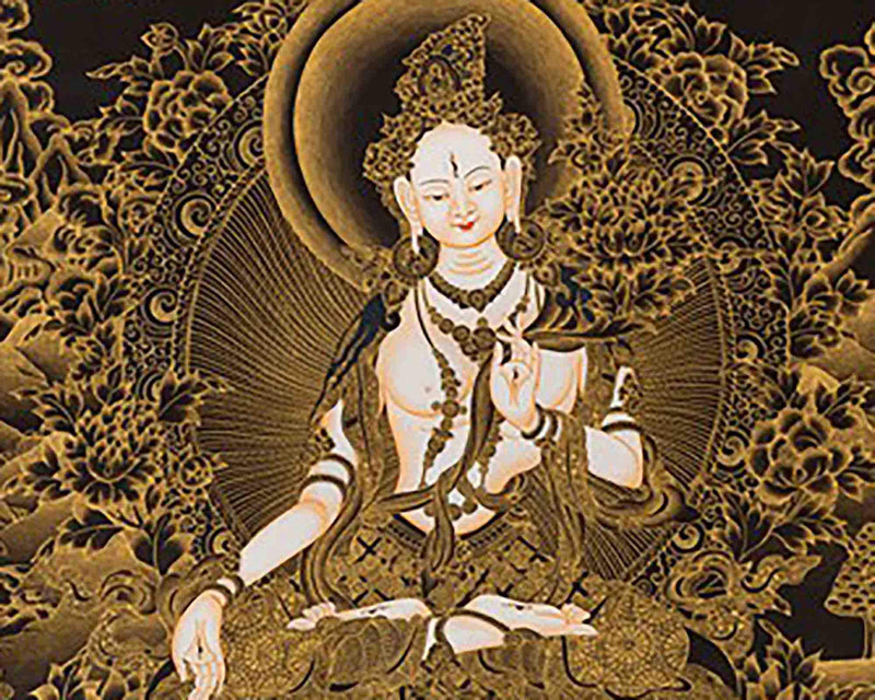 Black and Gold Style White Tara Thangka Art | Original Hand Painted Tibetan Thangka Painting | Meditation And Yoga | Wall Hanging Decoration