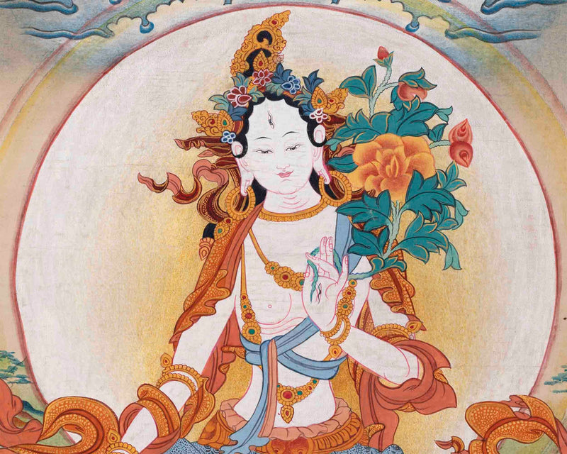 Vintage White Tara Thangka Art | Original Hand Painted Tibetan Buddhist Painting | Meditation And Yoga |