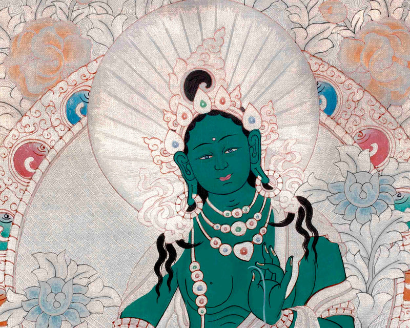 Silver Style Green Tara Thangka Art | Original Hand Painted Thangka Painting | Wall Hanging For Meditation And Yoga |