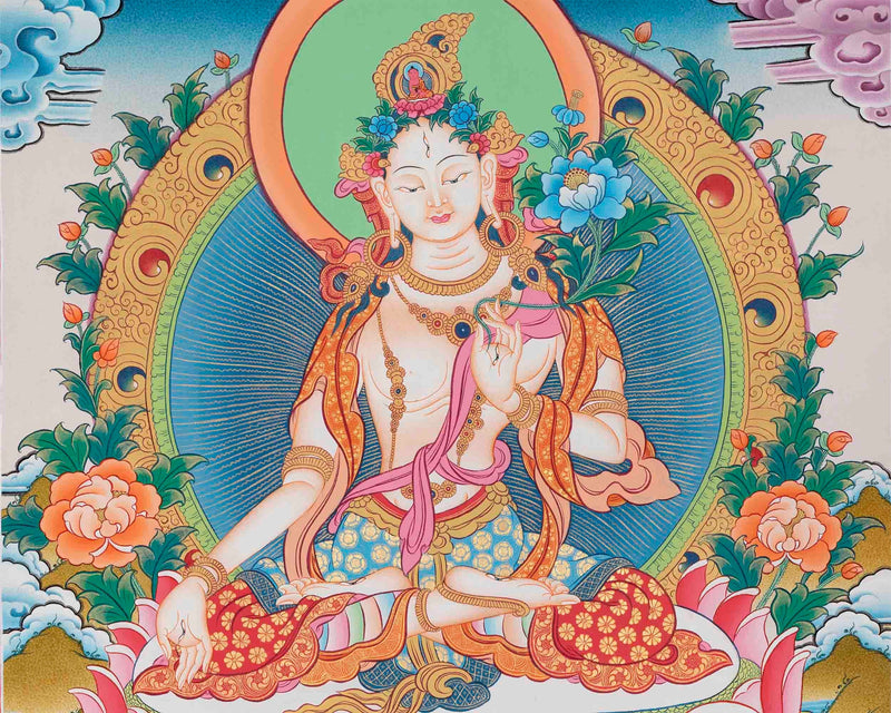 White Tara Thangka Art | Original Hand Painted Female Bodhisattva Art | Wall Decoration Painting |