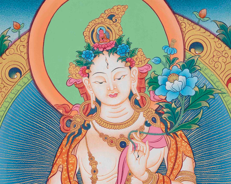 White Tara Thangka Art | Original Hand Painted Female Bodhisattva Art | Wall Decoration Painting |