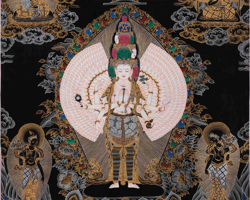 Black and Gold Original 1000 Armed Avalokiteshvara Thangka | Bodhisattva Guanyin Art