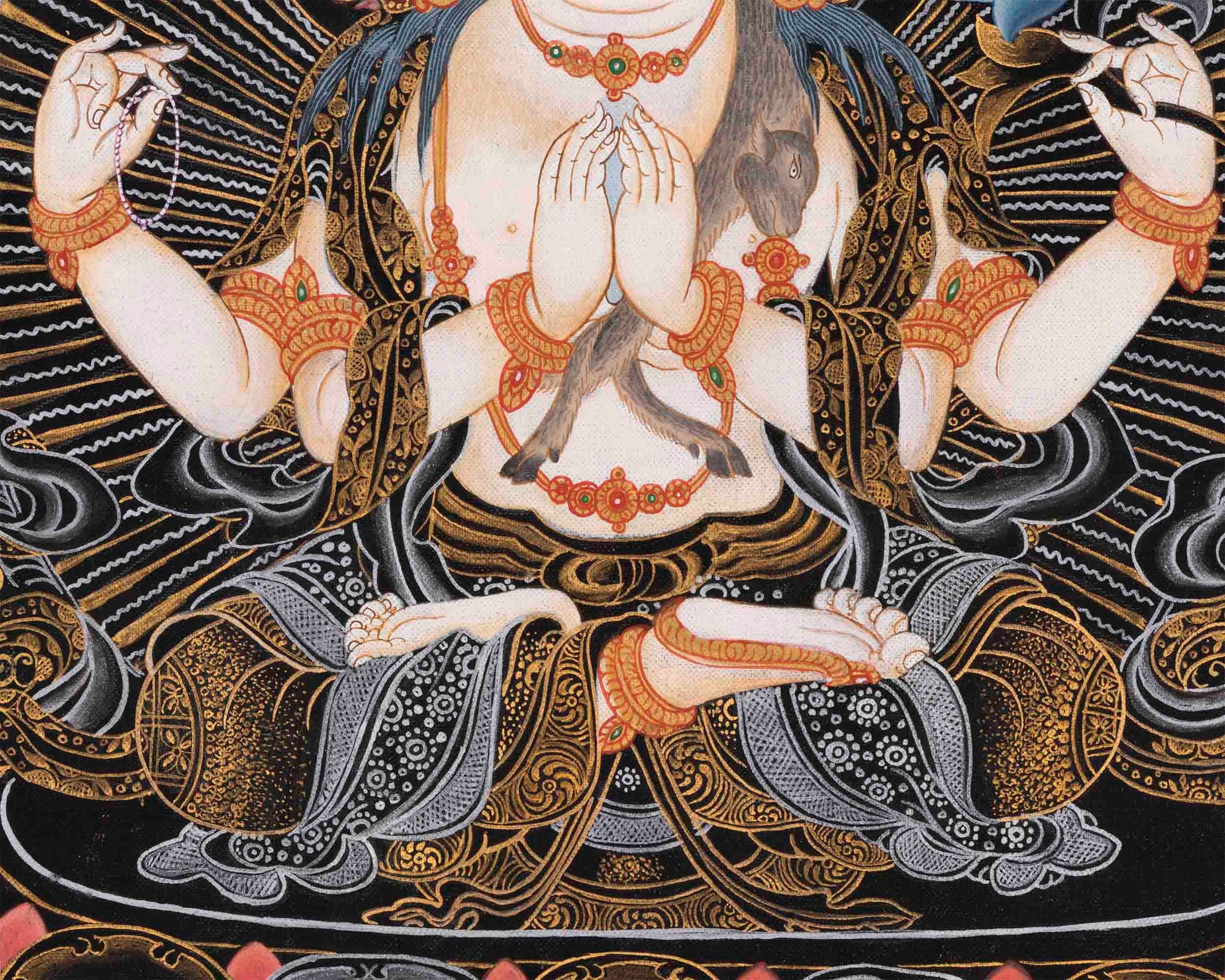 Avalokiteshvara Chengrezig Thangka | Original Hand-painted Arya Bodhisattva | Vajrayana Buddhism Painting |