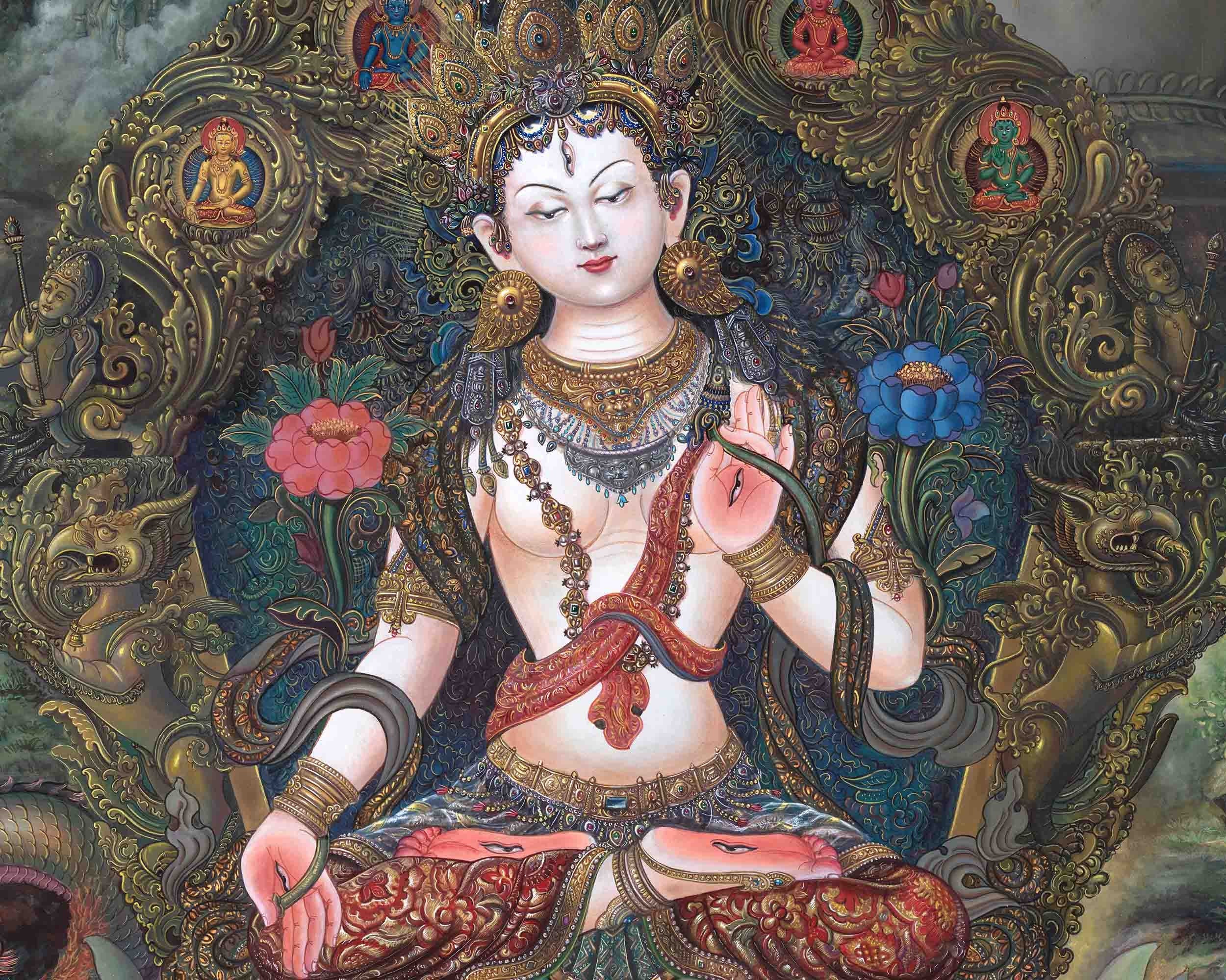 Original Hand Painted White Tara Thangka Art | Tibetan Buddhist Religious Painting