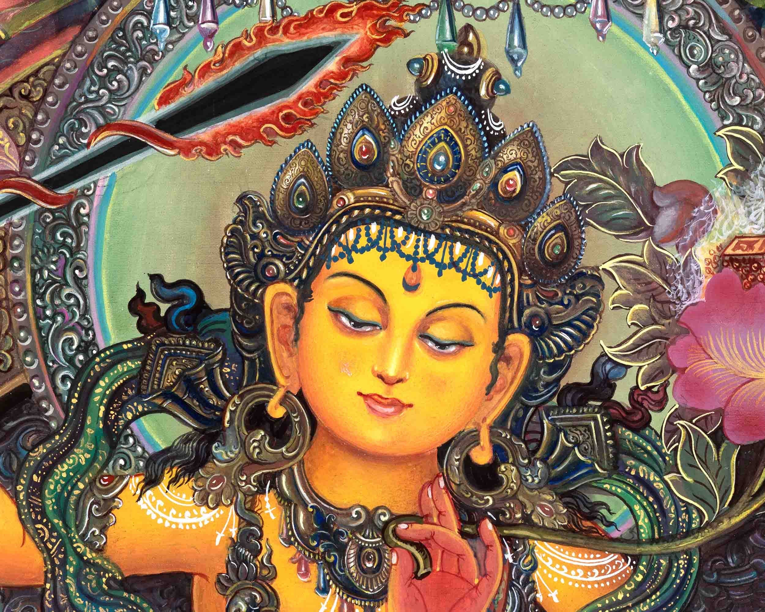 Original Hand Painted Hight Quality Manjushree Thangka | Flaming Sword Of Wisdom Bodhisattva |