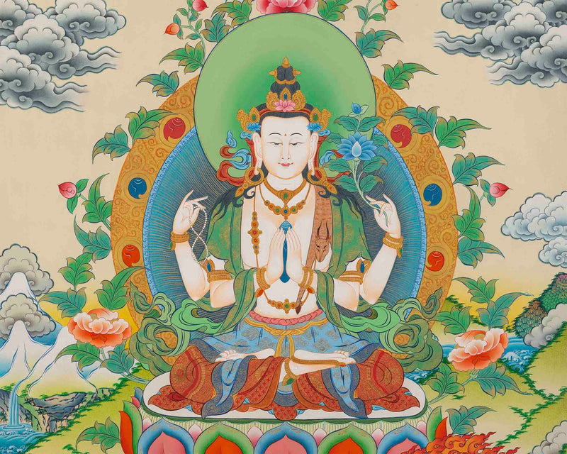 Original 4 Armed Chengrezig Thangka Painting | Handmade in Nepal