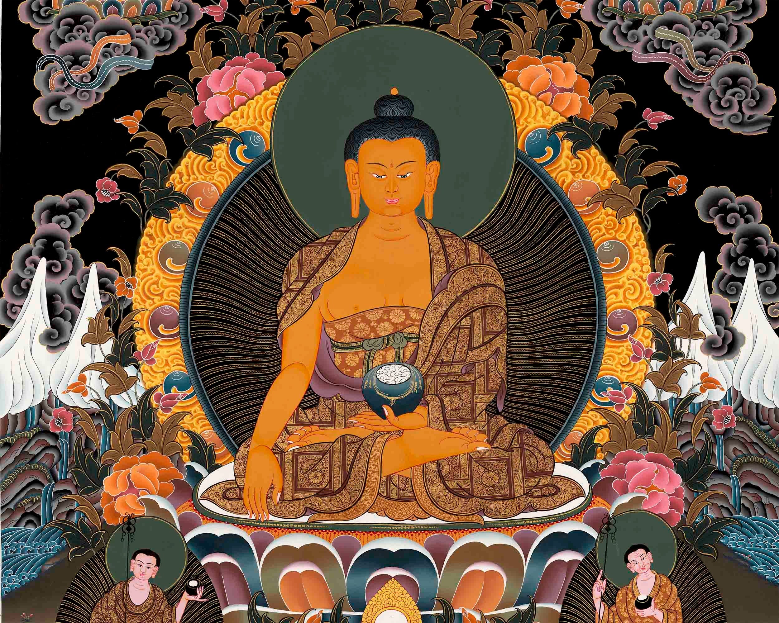 Original Shakyamuni Buddha Thangka with Five Buddhas at the Top | Perfect For Your Meditation Altar |