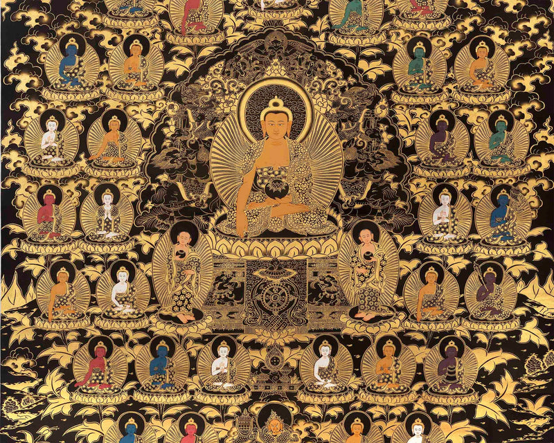 Shakyamuni Buddha with 35 Buddhas of Confession | Tibetan Thanka | Supreme Wisdom |