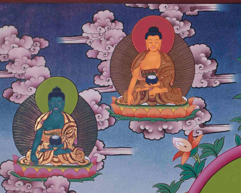 4 Armed Chengrezig Thangka Flanked By Other Bodhisattva | Traditional Wall Decor