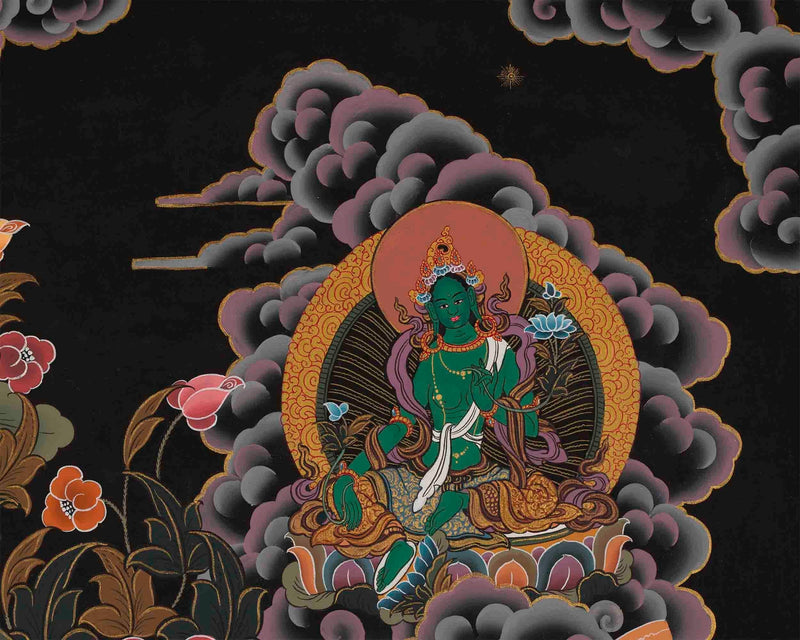 Original 4 Armed Chenrezig Thangka | Surrounded by Green Tara, White Tara, Manjushri, Amitabha Buddha, and Vajrapani |