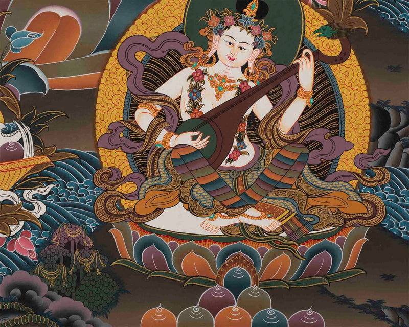 Original Green Tara Thangka surrounded by Buddhas and Bodhisattvas | Tibetan Thangka Painting