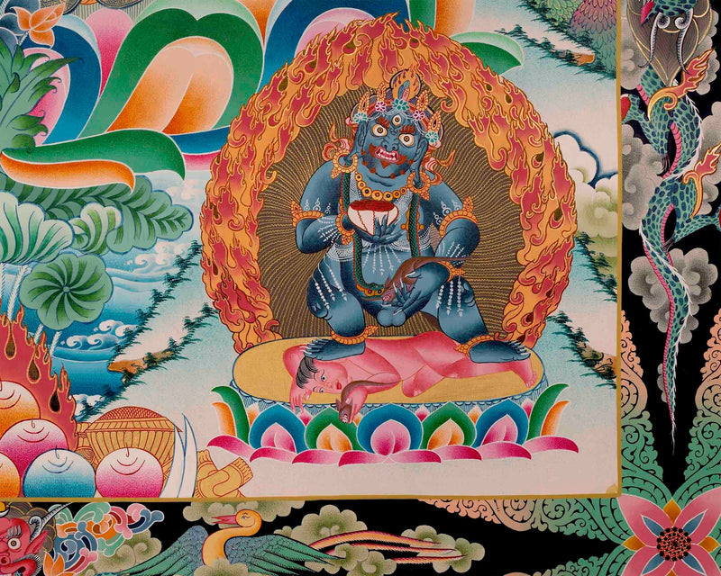 High-Quality Big Five Dzambala Thangka Painting | Tibetan Kubera Thangka | God of Wealth |