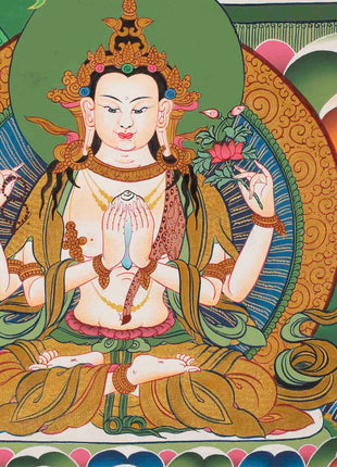 Original Hand-Painted Manjushri Thangka with Amitabha Buddha, Chengrezig and Vajrapani | Bodhisattva of Compassion and Wisdom |