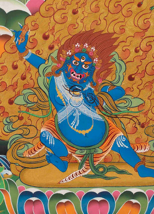 Original Hand-Painted Manjushri Thangka with Amitabha Buddha, Chengrezig and Vajrapani | Bodhisattva of Compassion and Wisdom |