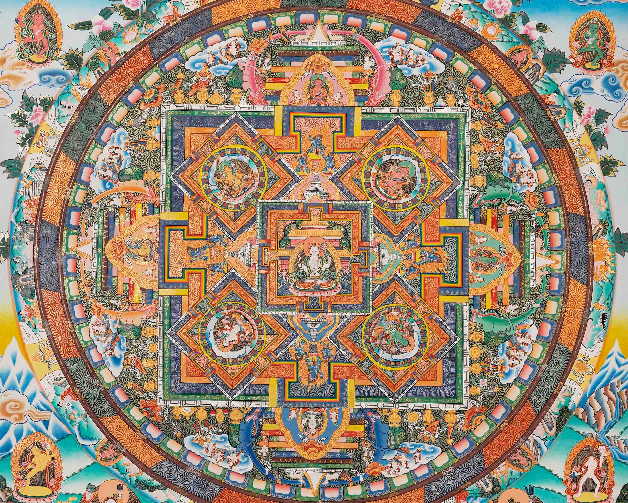 Big 4 Armed Chenrezig Mandala Thangka | Surrounded by Bodhisattvas | Avalokiteshvara Thangka | Buddhist Art | Chinese New Year Gift Idea