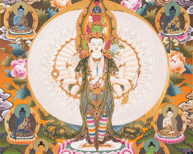 Original Handmade Lokeshvara with 1000 Armed | Chengrezig Thangka | Tibetan Thangka Painting |