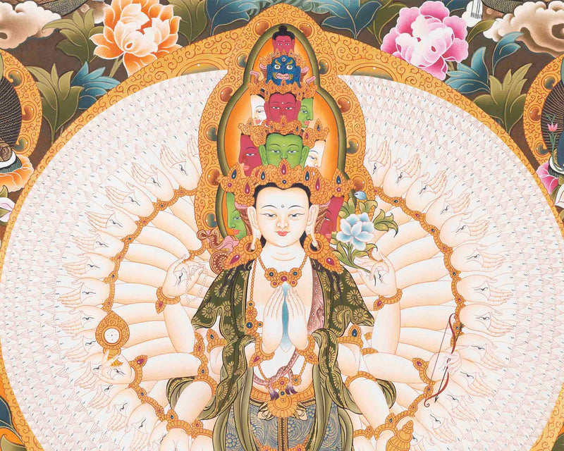 Original Handmade Lokeshvara with 1000 Armed | Chengrezig Thangka | Tibetan Thangka Painting |