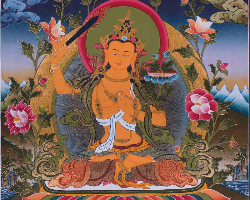 Original Handcrafted Manjushri Bodhisattva Thangka | Tibetan Arts for Wall Hanging