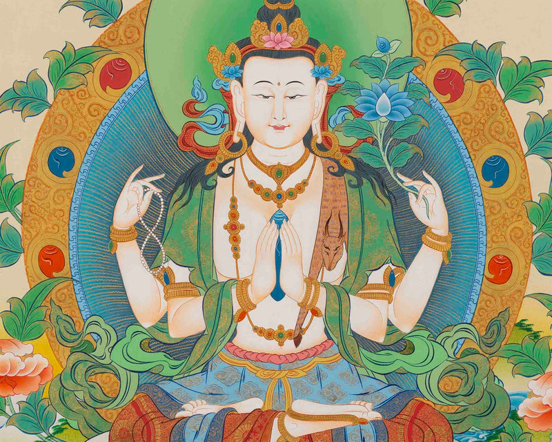 Original 4 Armed Chengrezig Thangka Painting | Handmade in Nepal