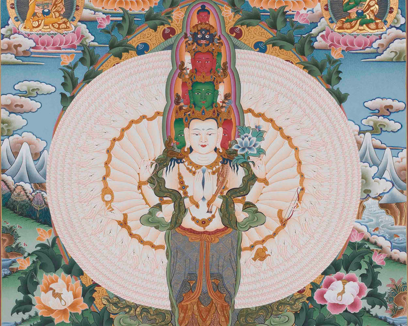 1000 Armed Chengrezig | Surrounded by 5 Buddhas, Manjushri, and Vajrapani |