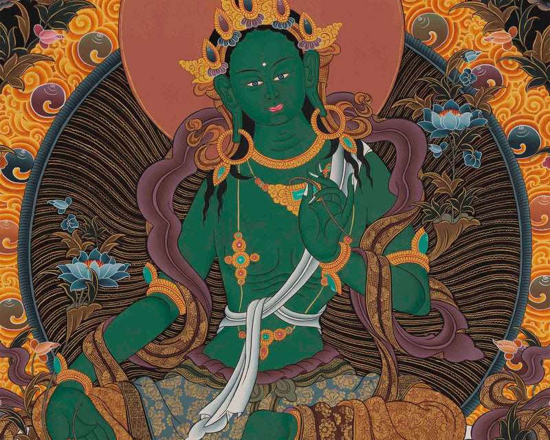 Original Green Tara Thangka surrounded by Buddhas and Bodhisattvas | Tibetan Thangka Painting