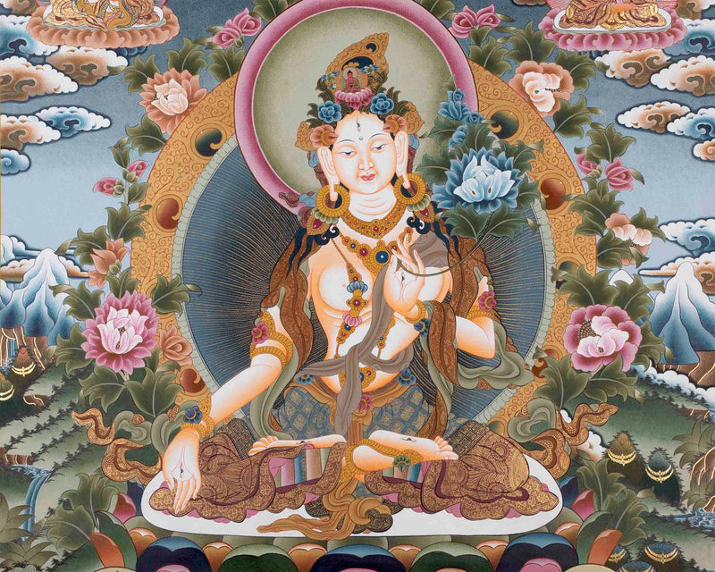 Big White Tara Thangka | Surrounded by Amitayus, Tsongkhapa, Shakyamuni, Guru Rinpoche |