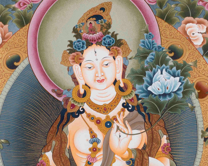 Big White Tara Thangka | Surrounded by Amitayus, Tsongkhapa, Shakyamuni, Guru Rinpoche |