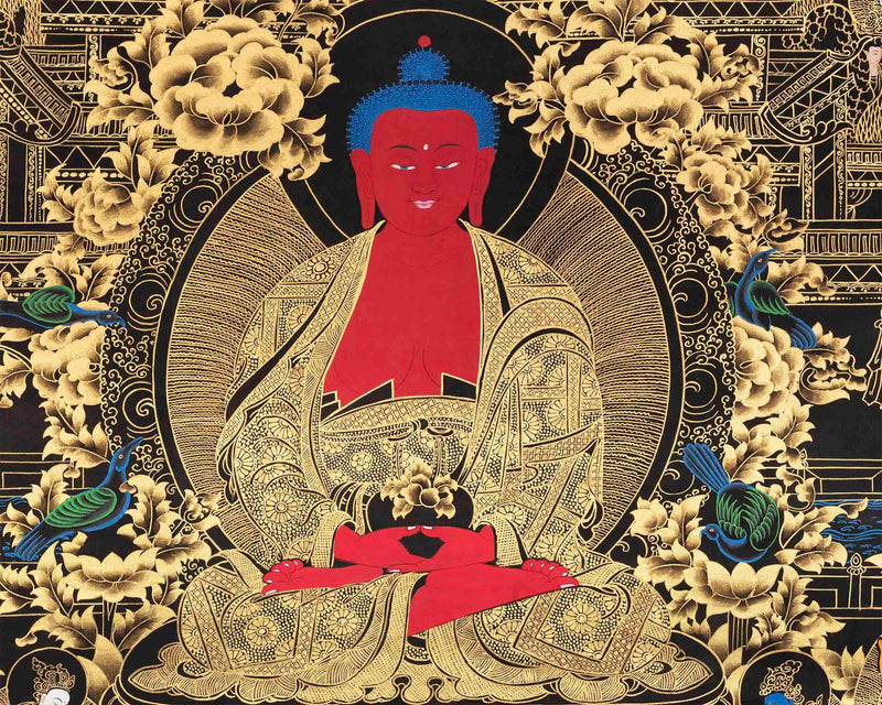 Black and Gold Amitabha Buddha Thangka | Sukhavati Thangka | Meditation Buddha