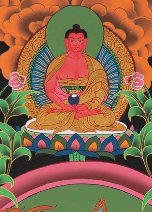 Original Hand-Painted Manjushri Thangka with Amitabha Buddha, Chengrezig and Vajrapani | Bodhisattva of Compassion and Wisdom |