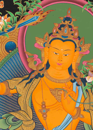 Original Hand-Painted Manjushri Thangka with Amitabha Buddha, Chengrezig and Vajrapani | Bodhisattva of Compassion and Wisdom |