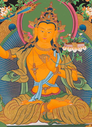 Original Hand-Painted Manjushri Thangka with Amitabha Buddha, Chengrezig and Vajrapani | Bodhisattva of Compassion and Wisdom |