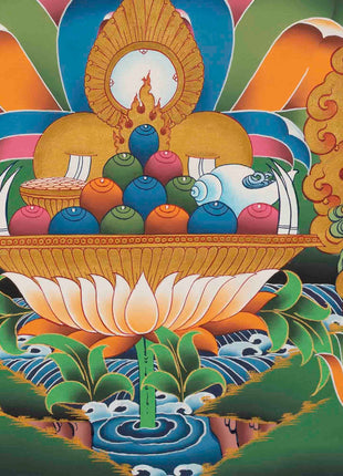 Original Hand-Painted Manjushri Thangka with Amitabha Buddha, Chengrezig and Vajrapani | Bodhisattva of Compassion and Wisdom |