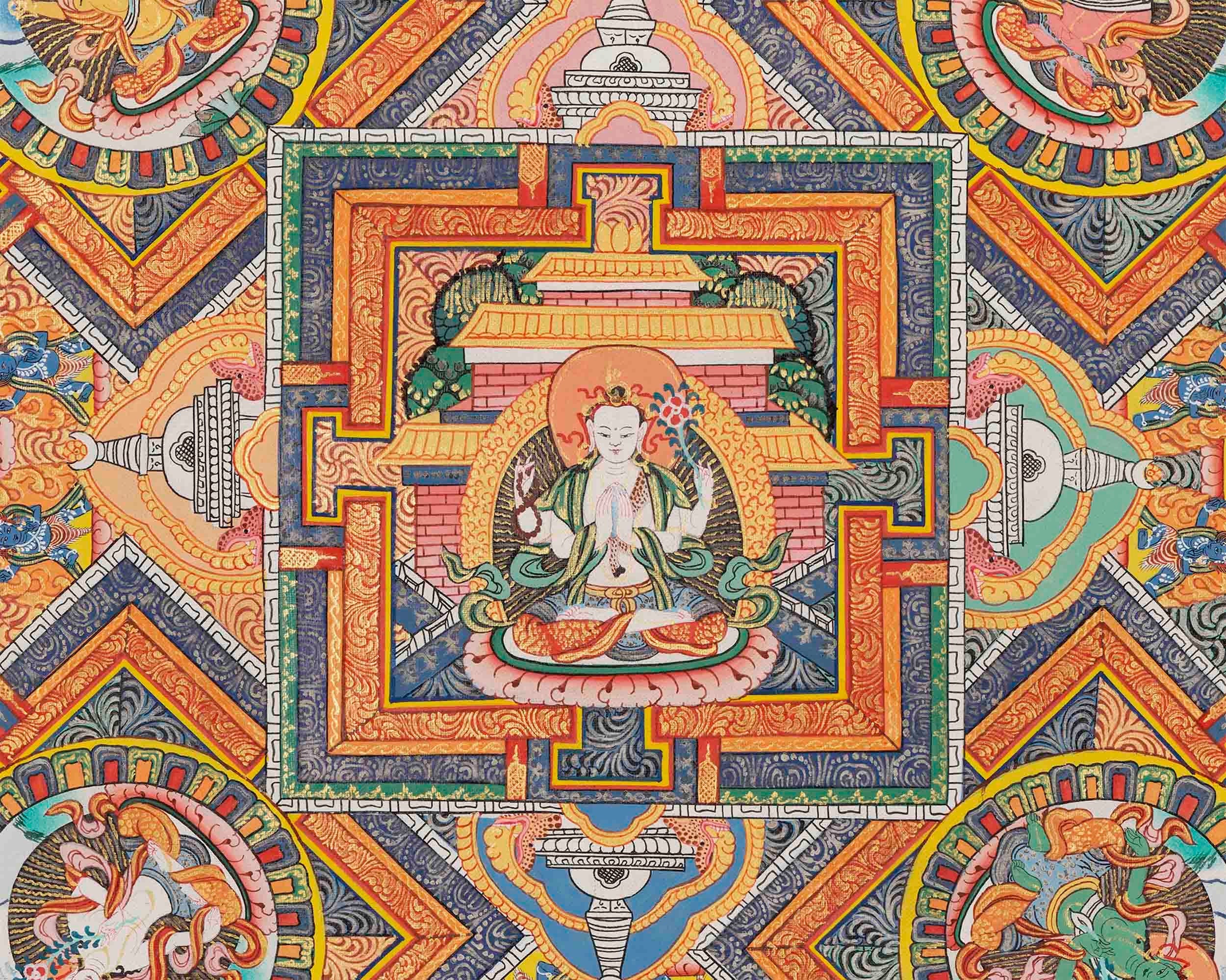 Big 4 Armed Chenrezig Mandala Thangka | Surrounded by Bodhisattvas | Avalokiteshvara Thangka | Buddhist Art | Chinese New Year Gift Idea