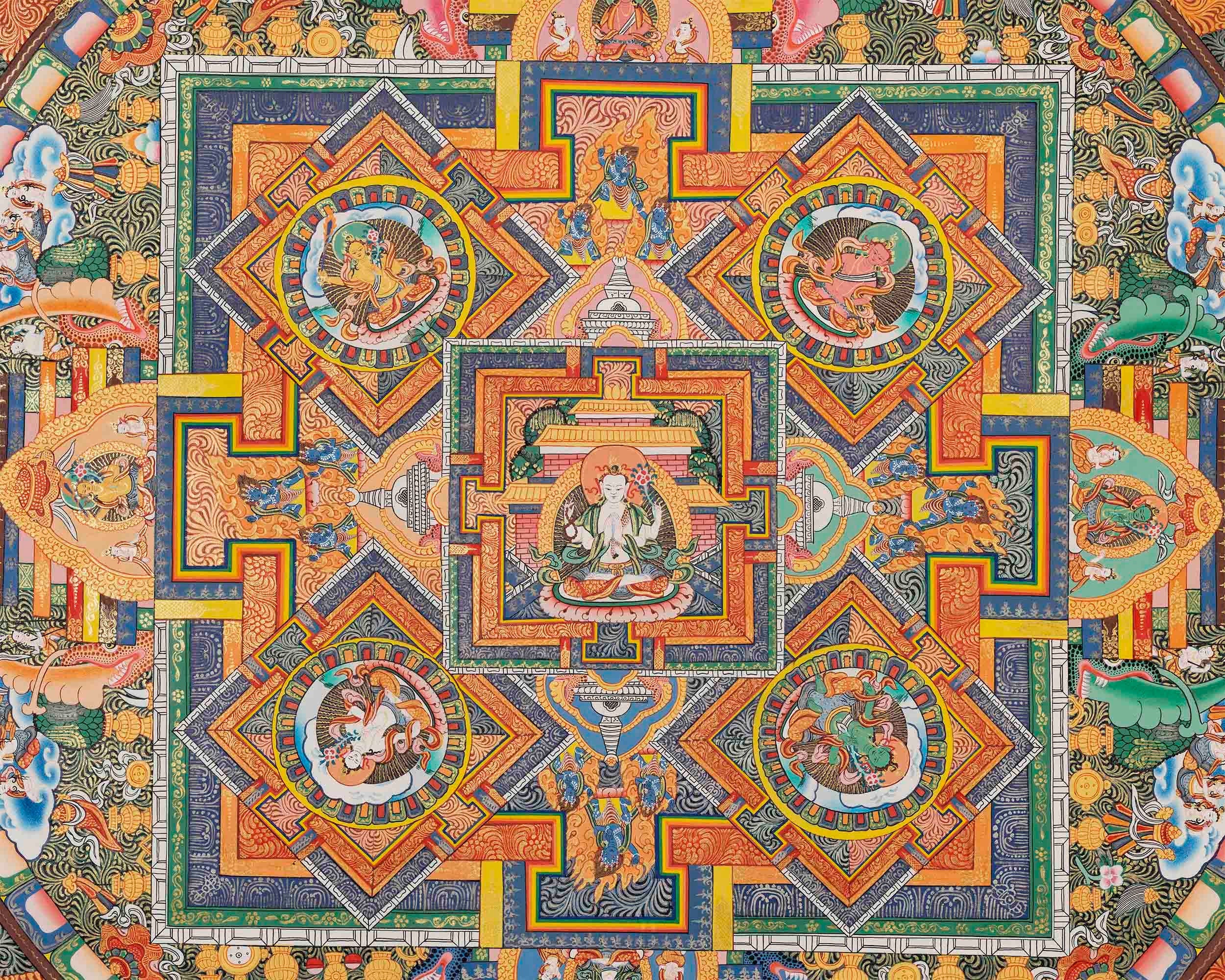 Big 4 Armed Chenrezig Mandala Thangka | Surrounded by Bodhisattvas | Avalokiteshvara Thangka | Buddhist Art | Chinese New Year Gift Idea