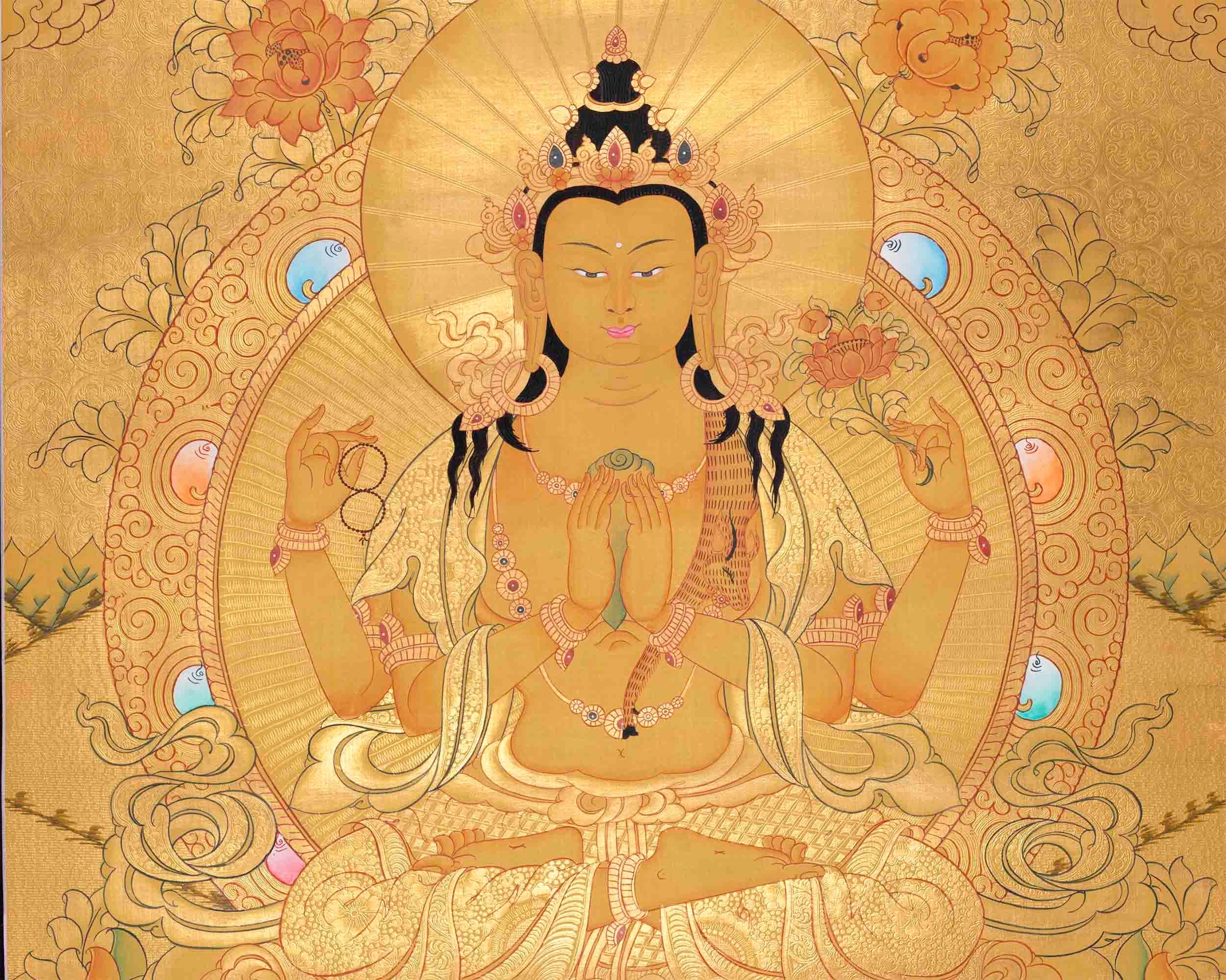 Full Gold Style Chengrezig Thangka | Tibetan Buddhist Artwork | Avalokiteshvara Painting | Housewarming Gifts | Religious Wall Hanging Decor