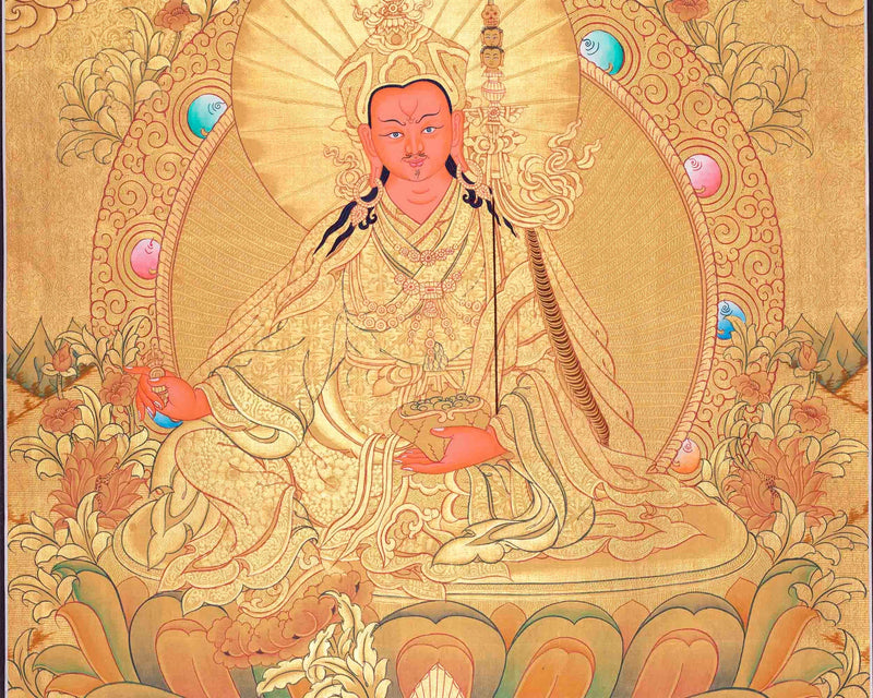 Guru Rinpoche In Full Gold Thangka Painting | Padmasambhava Thangka | Traditional Buddhist Handmade Thanka | Yoga Meditation Wall Hanging