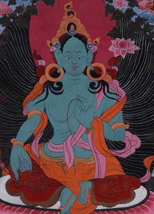 30+ Year Big Size Green Tara Thangka Surrounded By Boddhisattvas | Wall Decor Painting
